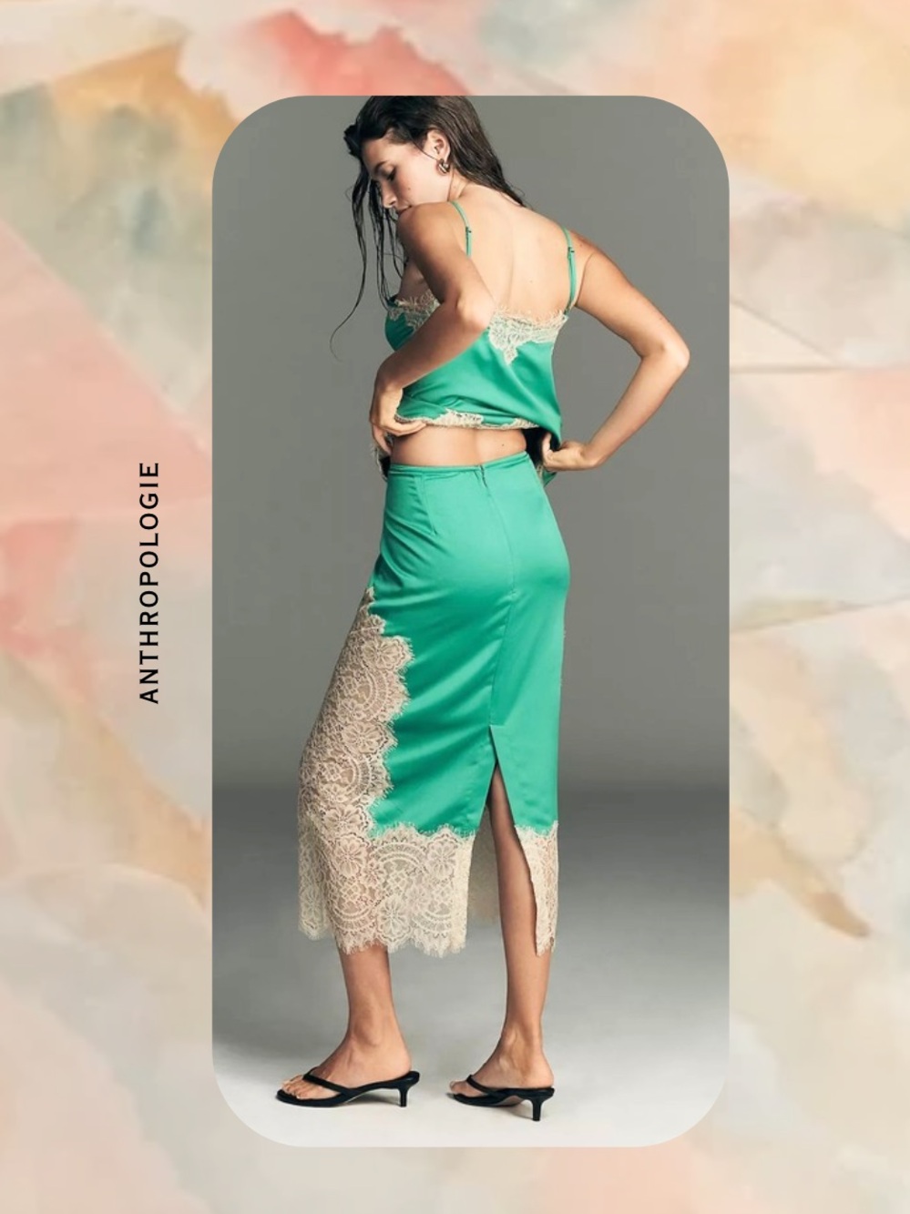 NWT🎉 Anthropologie Teal Satin Midi Skirt with Cream Lace Hem - Picture 3 of 16